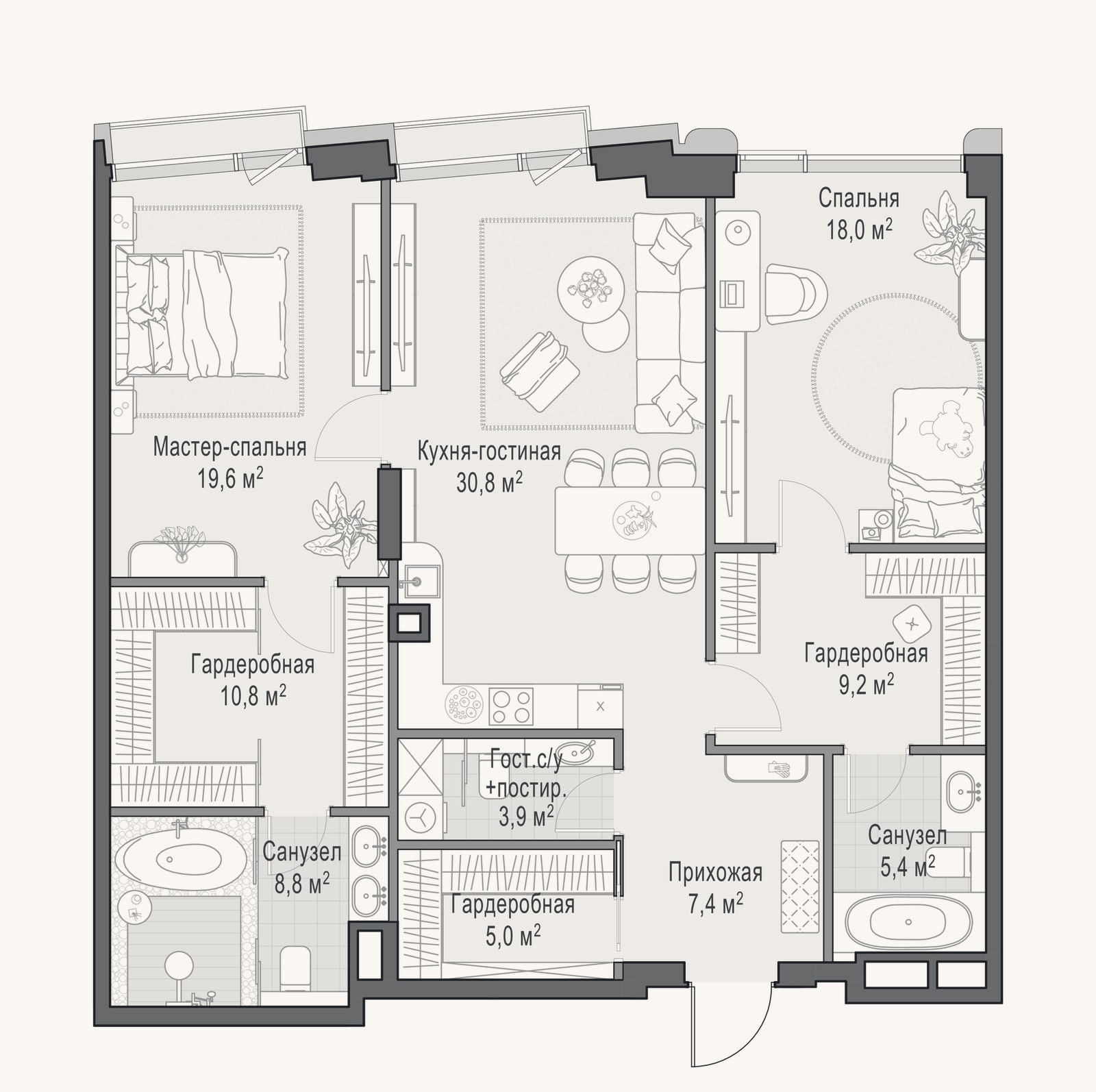 Планировка: 2-к, 119 м²