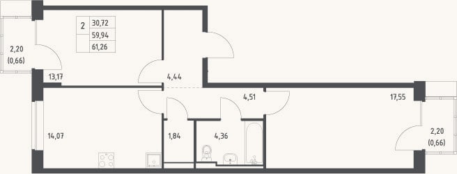 Планировка: 2-к, 59,9 м²