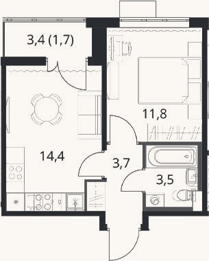 Планировка: 1-к, 33,4 м²