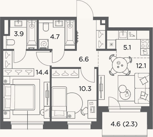 Планировка: 3-к, 57,1 м²