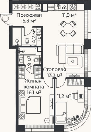 Планировка: 3-к, 65 м²