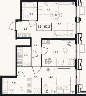 Планировка: 3-к, 67,2 м²