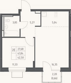 Планировка: 2-к, 41,8 м²