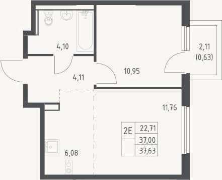 Планировка: 2-к, 37 м²