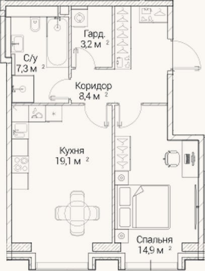 Планировка: 1-к, 52,3 м²