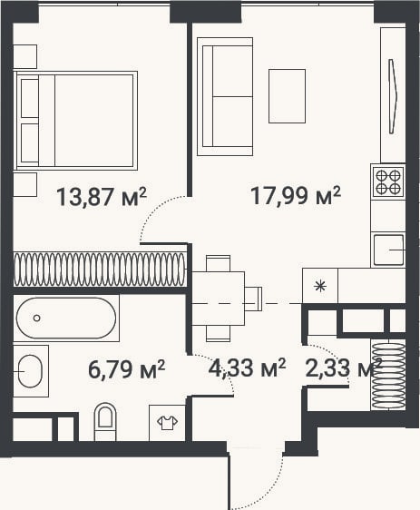 Планировка: 1-к, 45,3 м²