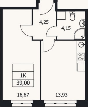 Планировка: 1-к, 39 м²