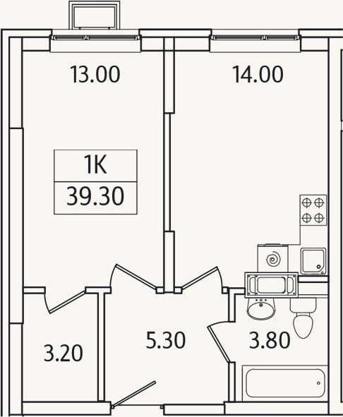 Планировка: 1-к, 39,3 м²