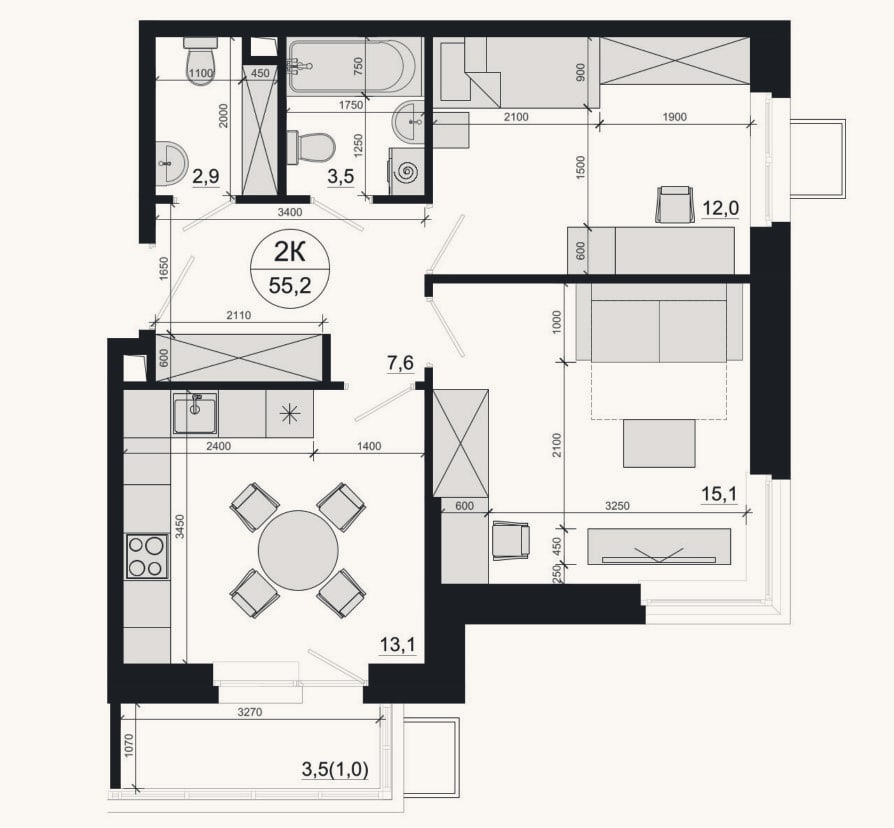 Планировка: 2-к, 54,7 м²