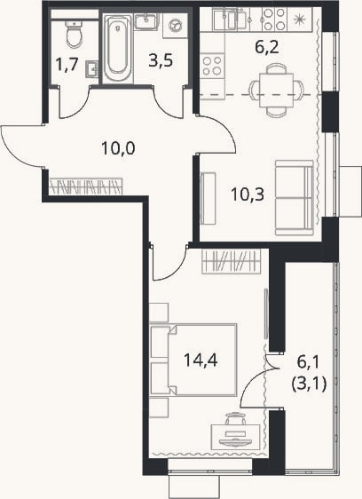 Планировка: 2-к, 46,1 м²