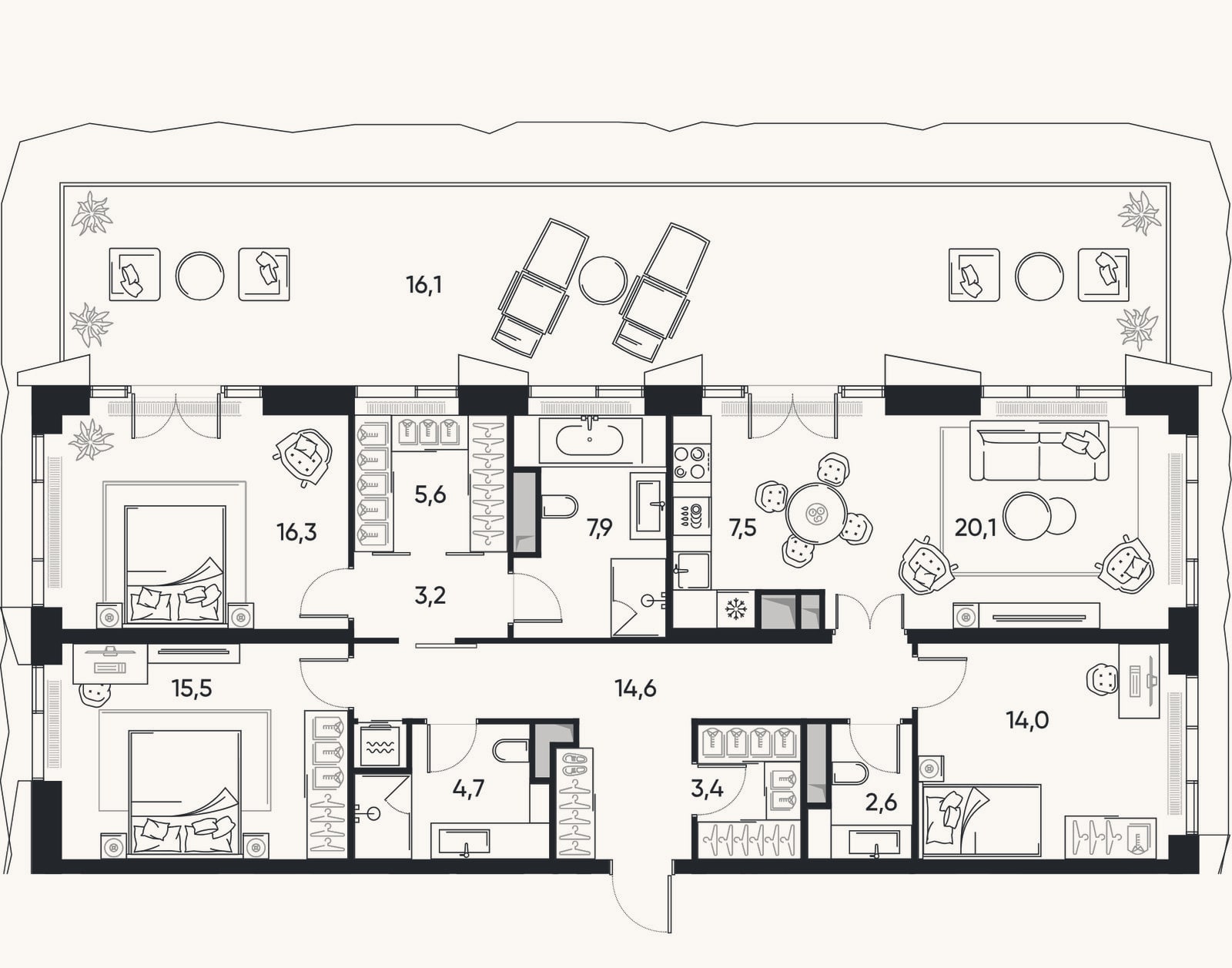 Планировка: 4+ к, 116 м²