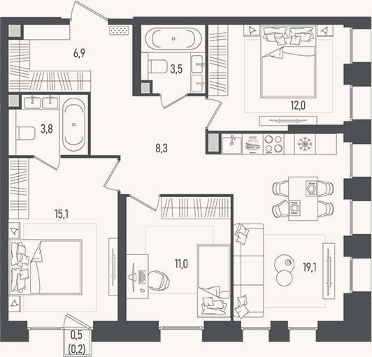 Планировка: 4+ к, 79,8 м²