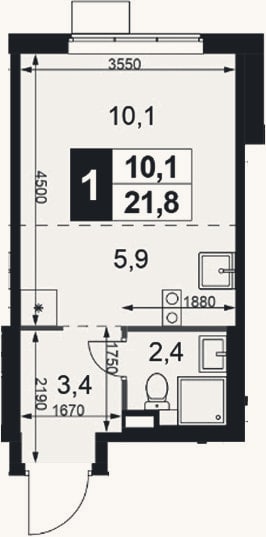 Планировка: Студия, 21,6 м²