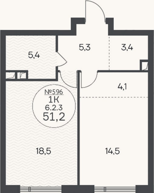 Планировка: 1-к, 51,2 м²