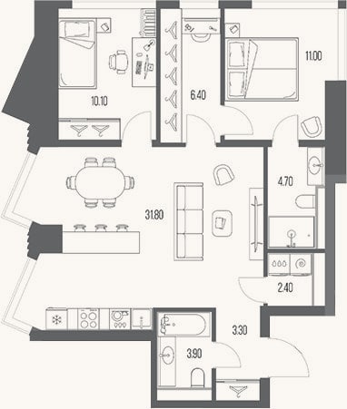Планировка: 2-к, 73,6 м²