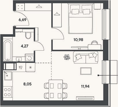 Планировка: 2-к, 41,9 м²