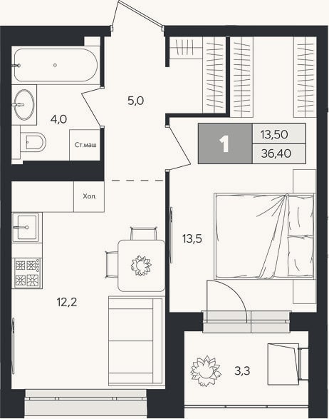 Планировка: 1-к, 34,8 м²