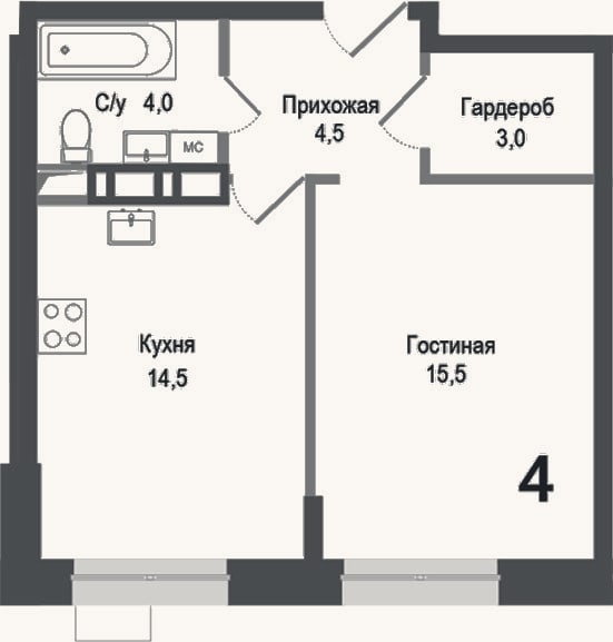 Планировка: 1-к, 41,5 м²