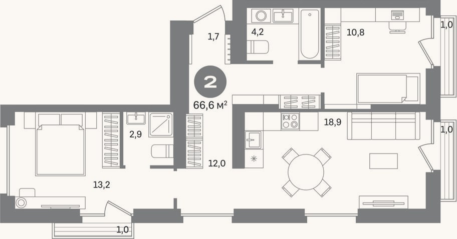 Планировка: 2-к, 63,6 м²