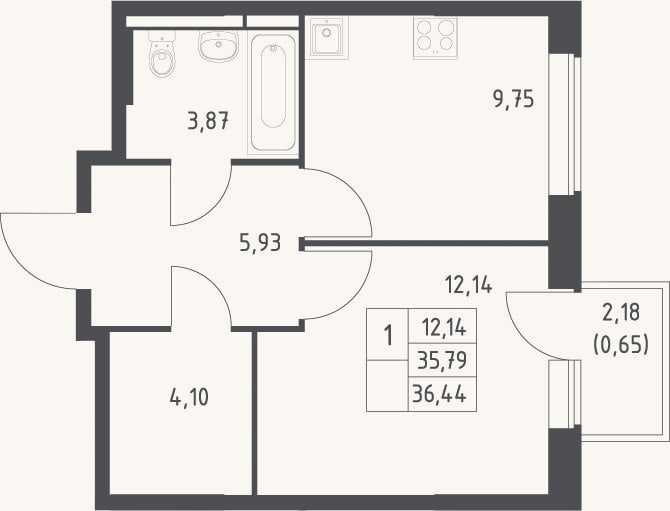 Планировка: 1-к, 35,8 м²