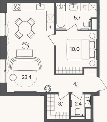 Планировка: 1-к, 48,7 м²