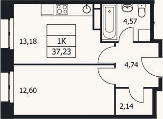 Планировка: 1-к, 37,2 м²