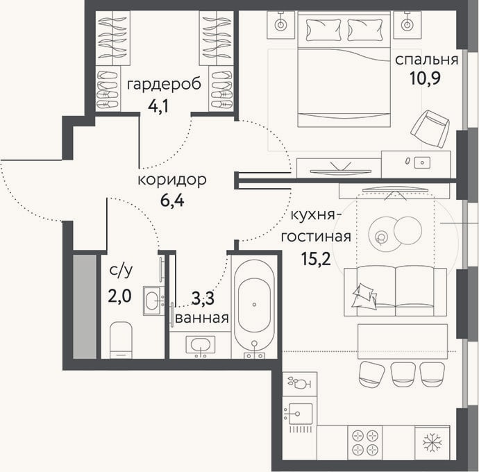 Планировка: 2-к, 41,9 м²
