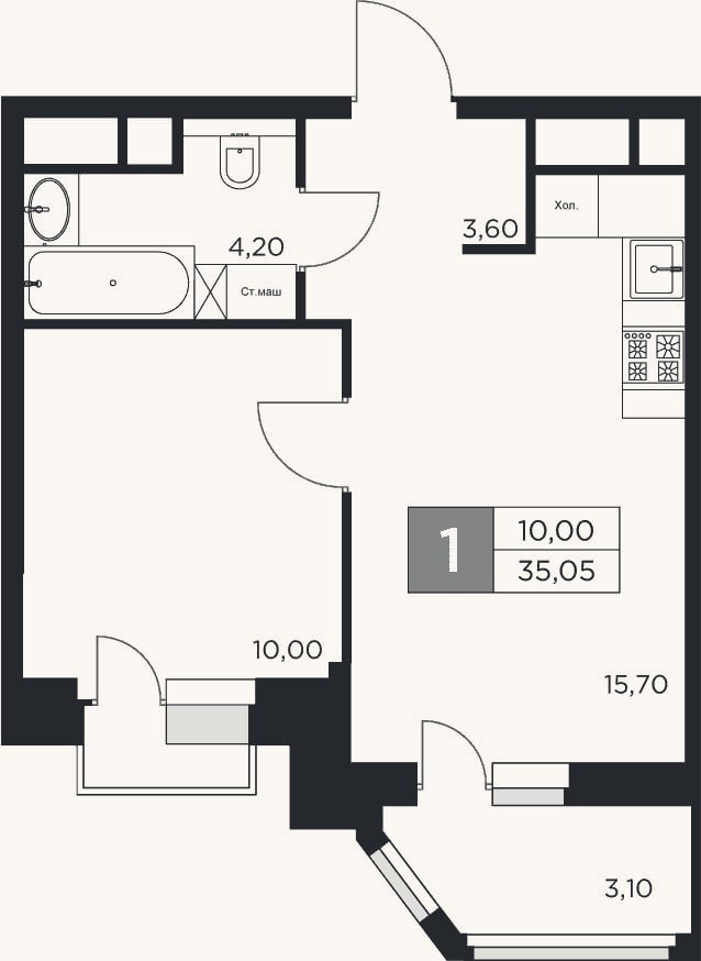 Планировка: 2-к, 33,5 м²