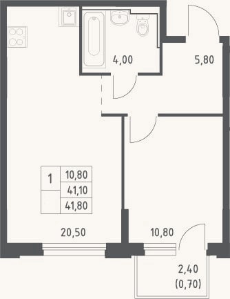 Планировка: 2-к, 41,1 м²