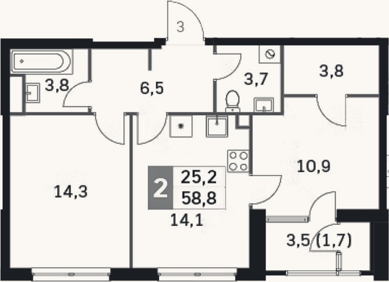 Планировка: 2-к, 54,9 м²