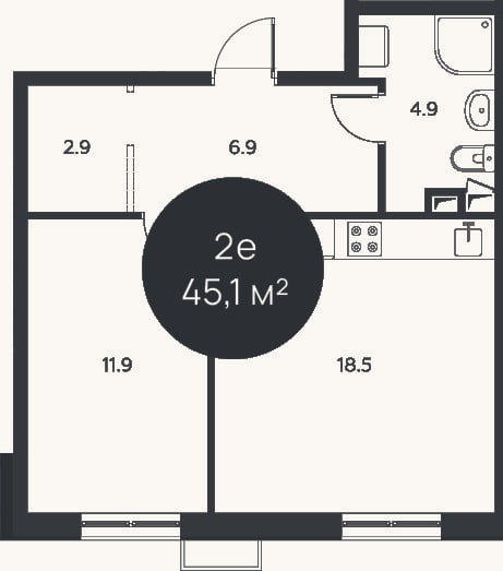 Планировка: 2-к, 45,1 м²