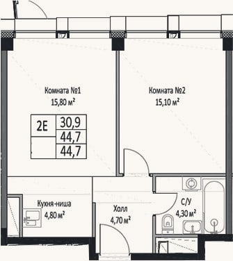 Планировка: 2-к, 44,7 м²