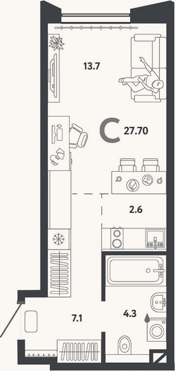 Планировка: Студия, 27,7 м²