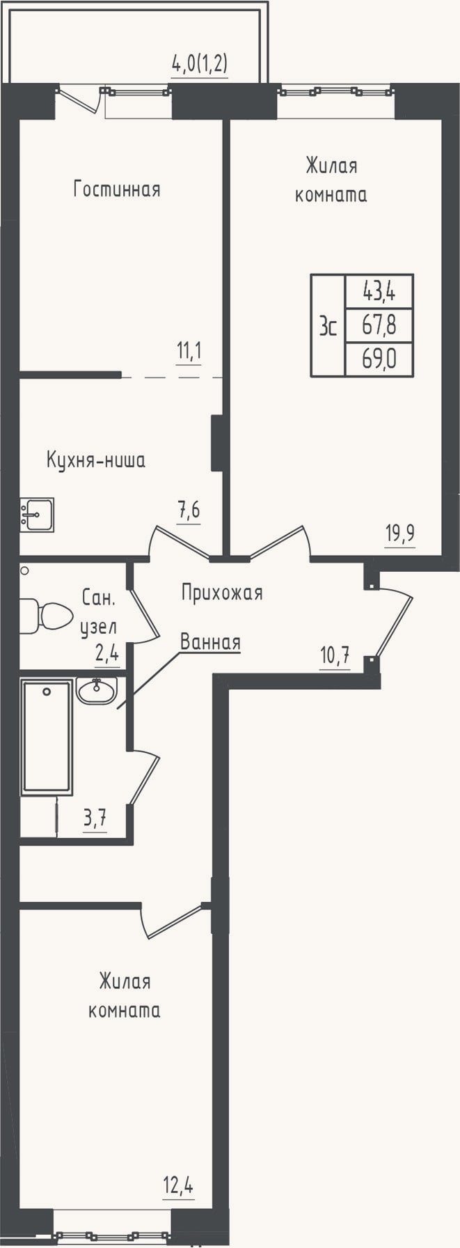 Планировка: 2-к, 67,8 м²