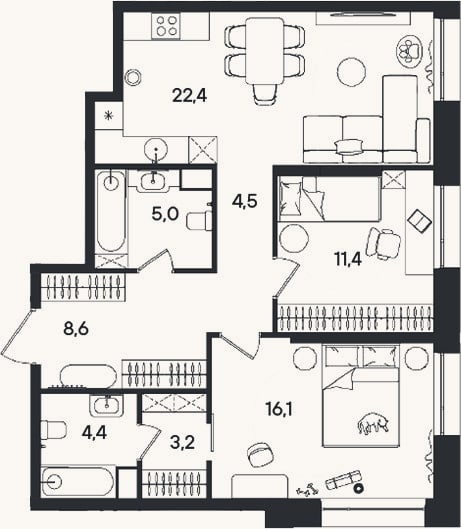 Планировка: 3-к, 75,6 м²