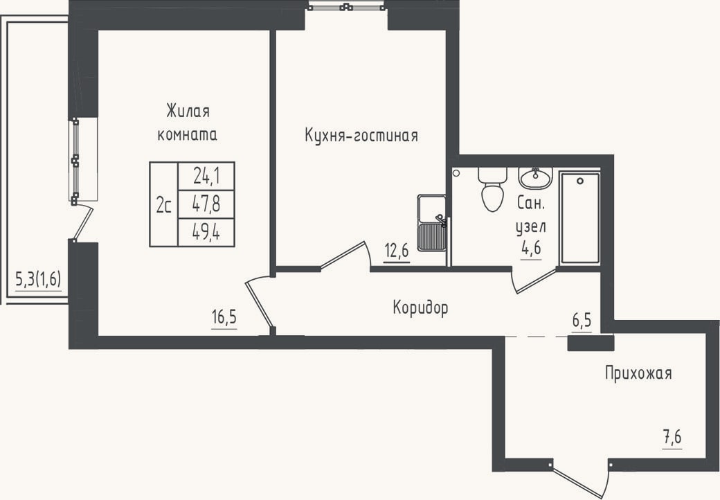 Планировка: 1-к, 47,8 м²