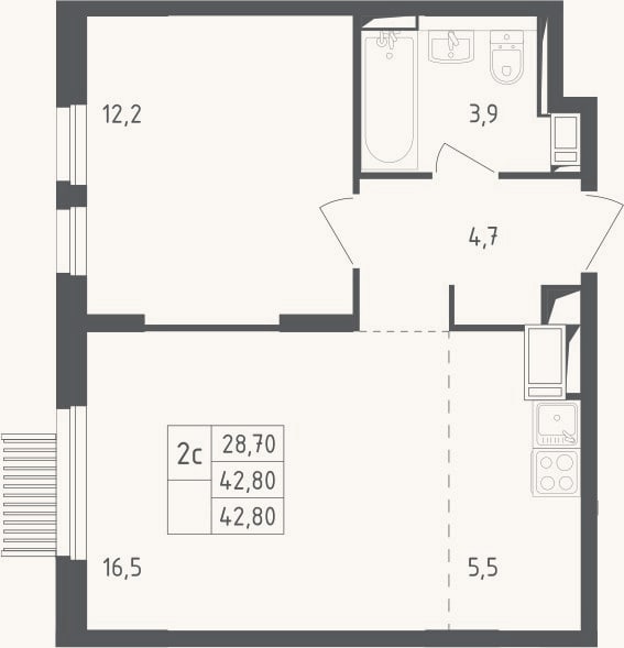 Планировка: 2-к, 42,8 м²