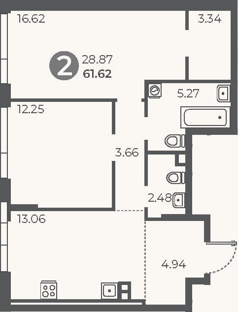 Планировка: 2-к, 61,2 м²