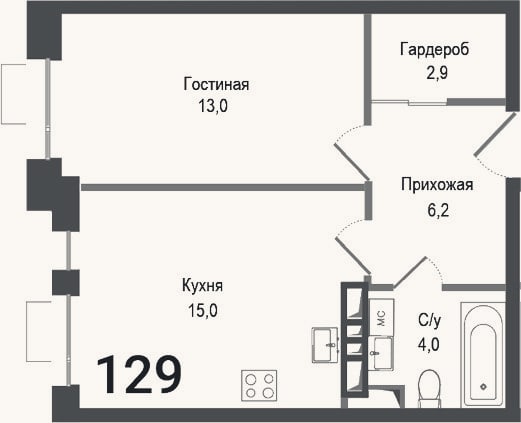Планировка: 1-к, 41,1 м²