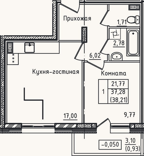 Планировка: 2-к, 37,3 м²