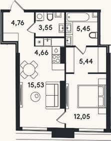 Планировка: 2-к, 51,4 м²