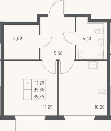 Планировка: 1-к, 35,9 м²