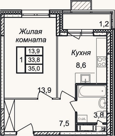 Планировка: 1-к, 33,8 м²