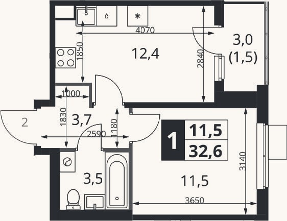 Планировка: 1-к, 31,1 м²