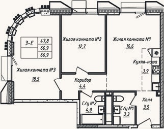 Планировка: 3-к, 66,9 м²