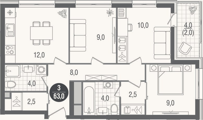 Планировка: 3-к, 61 м²