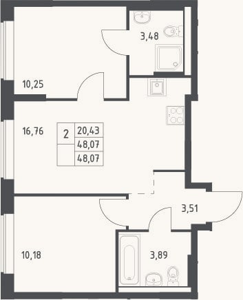 Планировка: 3-к, 48,1 м²