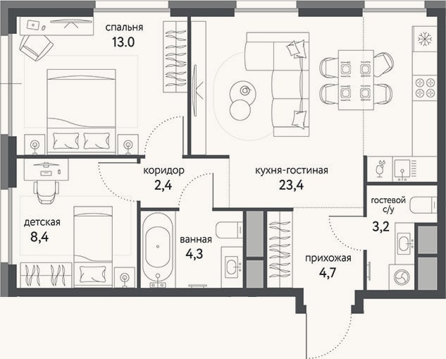 Планировка: 3-к, 59,4 м²