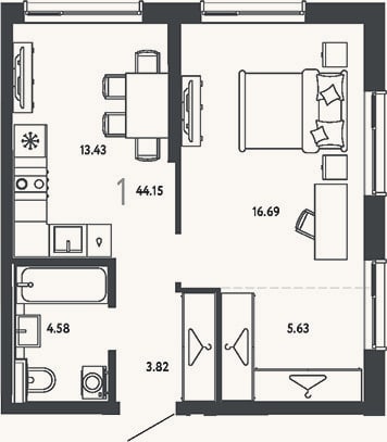 Планировка: 1-к, 44,2 м²
