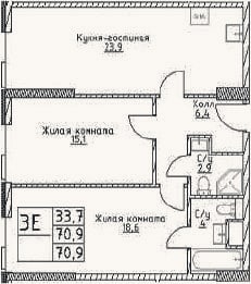 Планировка: 3-к, 70,9 м²